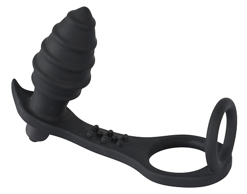 Чёрное эрекционное кольцо с подхватом мошонки и ребристой анальной вибропробкой Orion 0587338