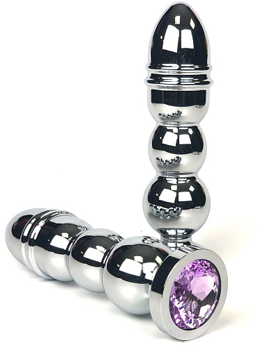Серебристая закругленная анальная пробка-ёлочка с сиреневым кристаллом Vandersex 159-MAT5 (13 см)