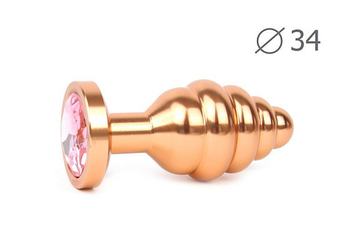 Коническая ребристая золотистая анальная втулка с розовым кристаллом Anal Jewelry Plug AG-02-M (8 см)