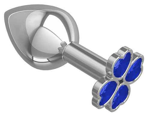 Средняя серебристая анальная втулка с клевером из синих кристаллов Сумерки богов 529-07 blue-DD (8,5 см)