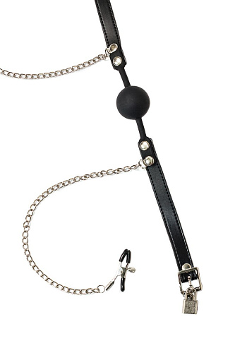 Чёрный силиконовый кляп-шар с зажимами на соски Lola toys Hentai 1150-01lola