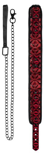 Красно-чёрный широкий ошейник с поводком Shots Media BV Luxury Collar with Leash OU343BUR