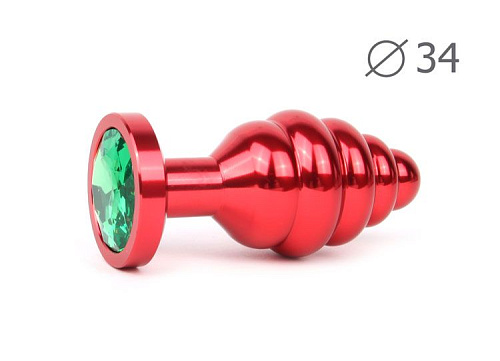 Коническая ребристая красная анальная втулка с зелёным кристаллом Anal Jewelry Plug AR-07-M (8 см)