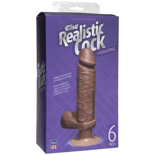 Бежевый вибратор-мулат с мошонкой и присоской Doc Johnson The Realistic Cock Vibrating 6” 1156-05-BX (21,6 см)