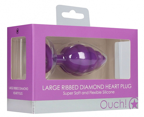 Фиолетовая анальная пробка Shots Media BV Large Ribbed Diamond Heart Plug OU458PUR (8 см)