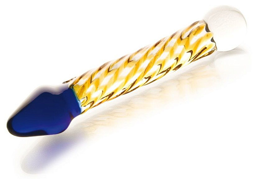 Разноцветный жёлто-синий стеклянный фаллос Sexus Glass 912047