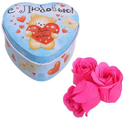 Розовые мыльные розы в шкатулке-сердце Сима-Ленд «С любовью» 2912842 (3 шт)