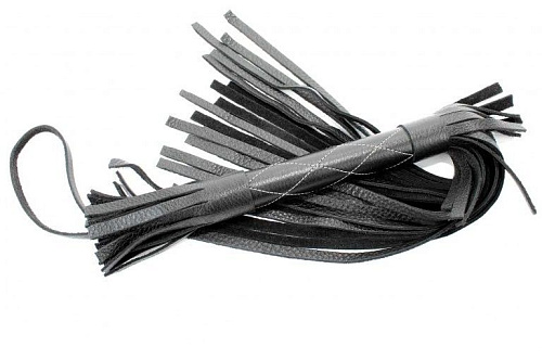 Чёрная многохвостая плётка с белыми простроченными ромбами БДСМ арсенал 54002 (45 см)