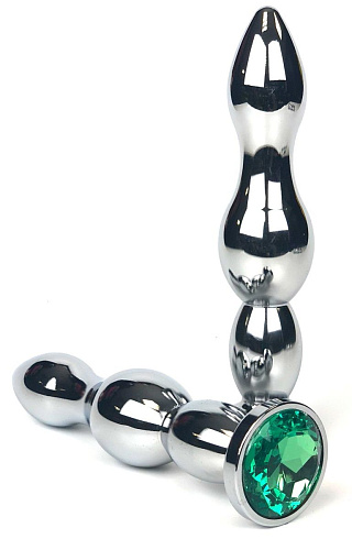 Серебристая коническая анальная пробка-ёлочка с зеленым кристаллом Vandersex 159-MA10 (12 см)
