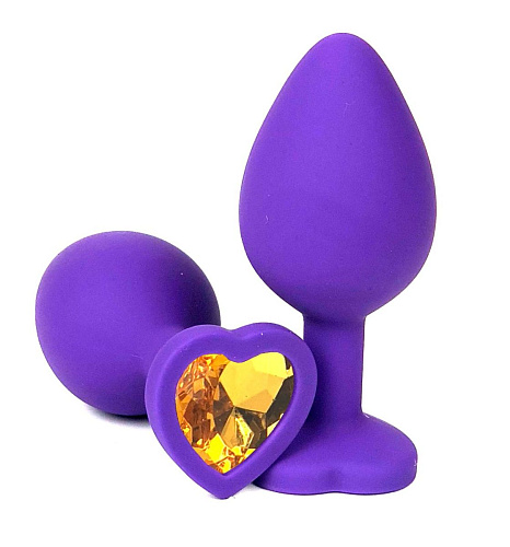Фиолетовая силиконовая анальная пробка с оранжевым стразом-сердцем Vandersex 122-HFOS (8 см)
