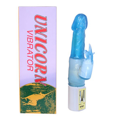 Голубой вибратор с клиторальным отростком в виде «единорога» Tonga UNICORN 210023 (18 см)