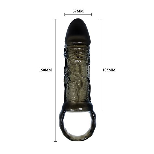Закрытая насадка на фаллос чёрного цвета с кольцом для мошонки Bior toys SEM-55027 (15 см)