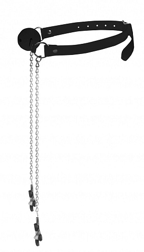 Чёрный резиновый кляп-шар с зажимами для сосков Shots Media BV OU151BLK