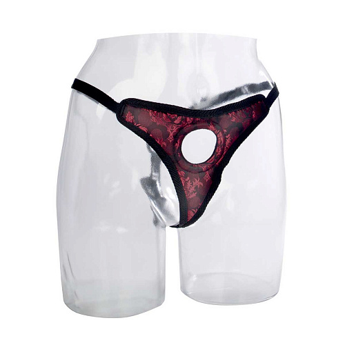 Чёрно-красные атласные стринги для страпона California Exotic Novelties Scandal Thong Harness SE-2712-55-3