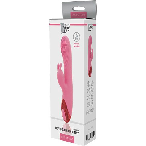Розовый вибратор со стимулятором клитора и нагревом Dream Toys HEATING BRUSH BUNNY 21572 (24 см)
