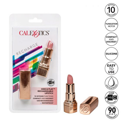 Золотистый вибратор-помада с бежевым мягким кончиком California Exotic Novelties Hide Play Rechargeable Lipstick SE-2930-20-2