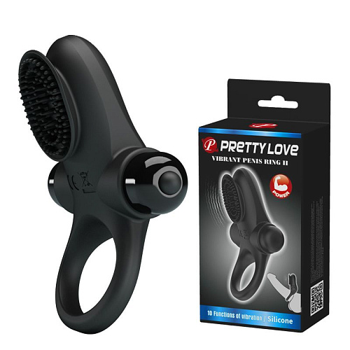 Чёрное эрекционное виброкольцо в клиторальной щеточкой Baile Vibrant Penis Ring II BI-210205