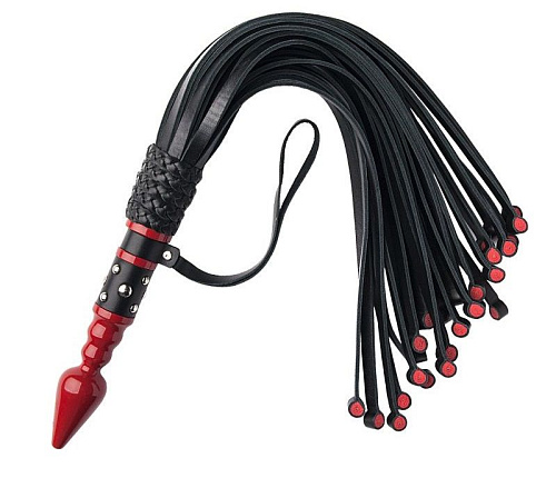 Чёрный кожаный флоггер с красной точёной ручкой ToyFa 700035 (60 см)