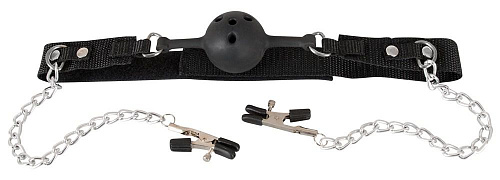 Чёрный силиконовый кляп-шар с зажимами для сосков на серебристых цепочках Orion 0522678