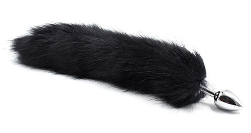 Серебристая металлическая анальная пробка с чёрным хвостом Vandersex 333-BLK-S-SIL (размер S)