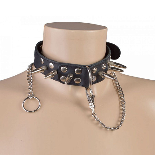 Чёрный кожаный ошейник с шипами и велюровой подкладкой Sitabella 3104-1