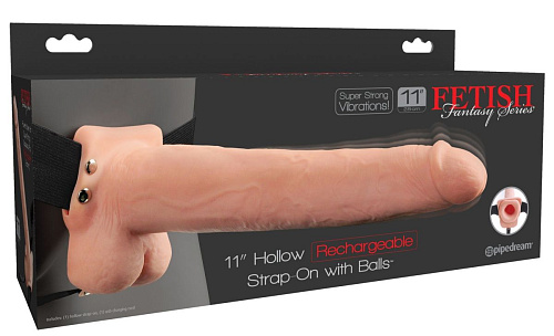 Телесный перезаряжаемый вибрострапон Pipedream 11 Hollow Rechargeable Strap-on with Balls PD3393-21