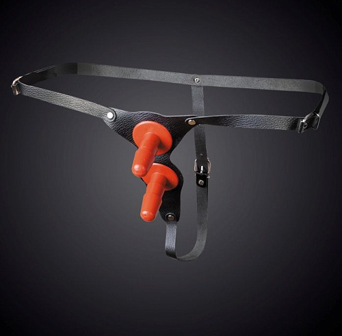 Чёрные кожаные трусики с двумя штырьками для насадок Sitabella 3156-1