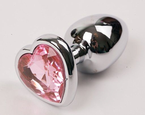 Серебристая анальная пробка с розовым стразиком-сердечком 4sexdreaM 47140-1 (8 см)