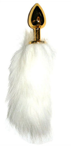 Золотистая анальная пробка с белым хвостиком Eroticon P3268