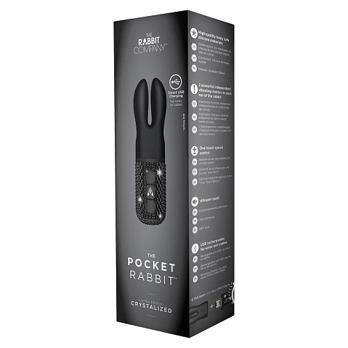 Чёрный вибратор с ушками, украшенный кристаллами The Rabbit Company The Pocket Rabbit TRC-008BLKBLING