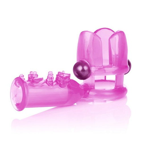 Розовое эрекционное кольцо с вибрацией и стимулятором клитора California Exotic Novelties Hook It Up! Top Loading Beaded Cage Ring SE-1473-33-3