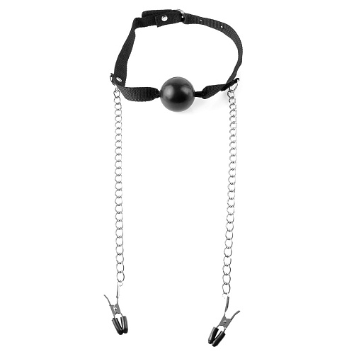 Чёрный кляп с зажимами на соски Pipedream Ball Gag Nipple Clamps PD2116-23