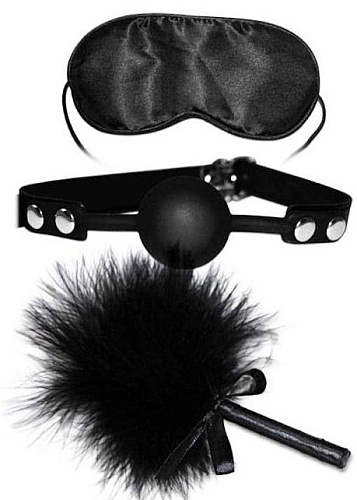 Чёрный набор для БДСМ-игр (маска, кляп, пёрышко) Lovetoy SM1002