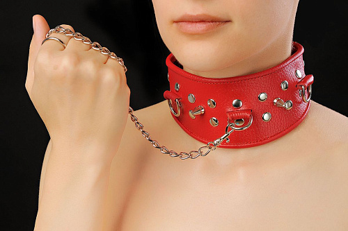 Красный кожаный ошейник с клёпками и шипами Sitabella 3118-2