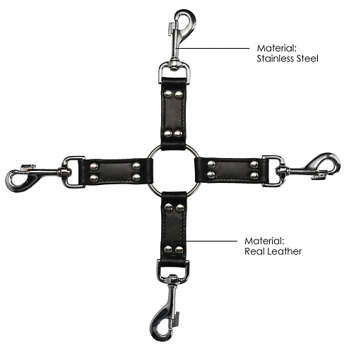 Чёрный крестообразный фиксатор Shots Media BV 4-way Leather Hogtie Cross Hogtie PAI001BLK