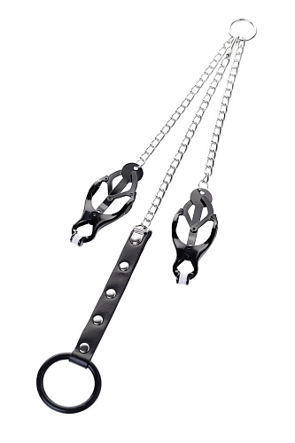 Чёрно-серебристые зажимы для сосков с кольцом для пениса ToyFa Metal 712050