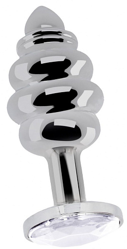 Серебристая ребристая анальная пробка с прозрачным кристаллом Shots Media BV RIC016SIL (8,3 см)