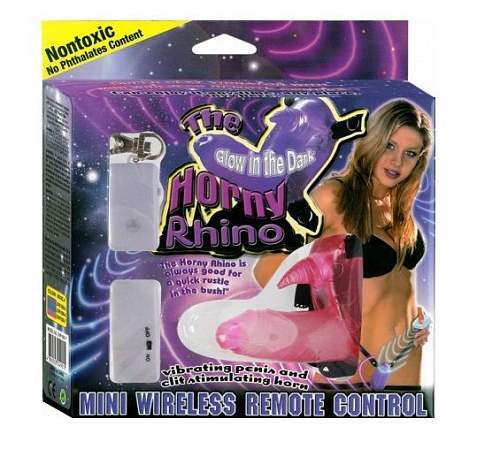 Розовый вибростимулятор в виде рога носорога на регулируемых трусиках и с пультом ДУ NMC 190108