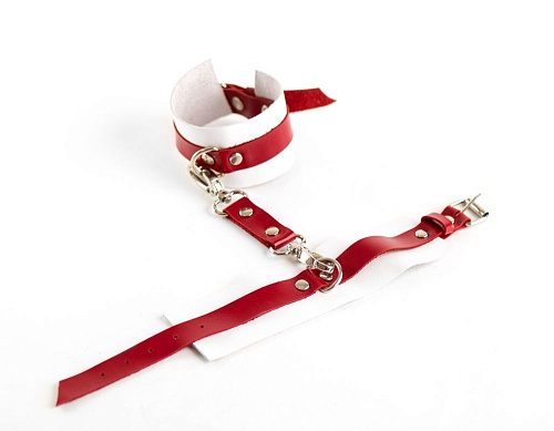 Бело-красные поножи из натуральной кожи БДСМ арсенал 20021ars