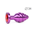 Коническая ребристая фиолетовая анальная втулка с красным кристаллом Anal Jewelry Plug AV-16-M (8 см)