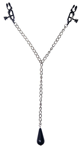 Серебристая цепочка с чёрными зажимами на соски и с подвеской-утяжелителем Orion Nipple Weights 0522023