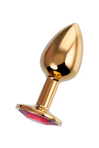 Золотистая гладкая коническая анальная пробка с красным кристаллом Штучки-дрючки 690123 (7 см)