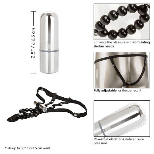 Чрные трусики с серебристой перезаряжаемой вибропулей и стимулирующими бусинами California Exotic Novelties Rechargeable Lovers Cheeky Panty with Stro