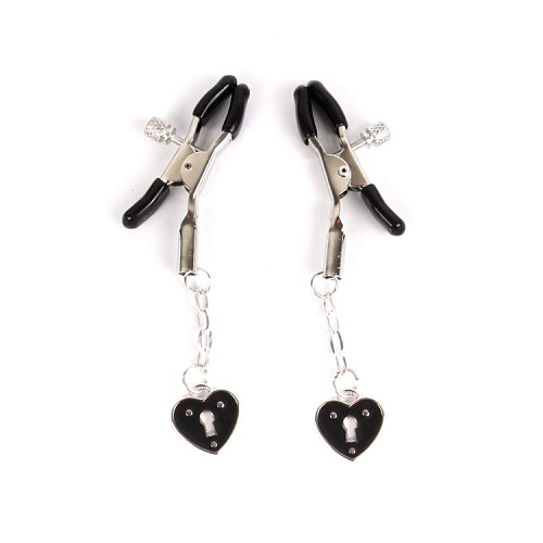 Чёрные металлические зажимы на соски с декором в виде сердечек на цепочке Bior toys MLF-80468