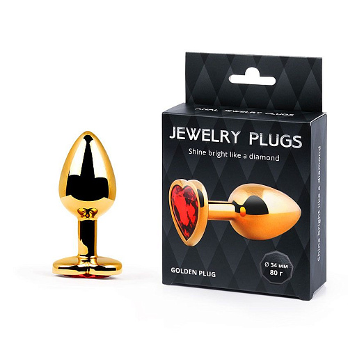 Золотистая анальная пробка с красным стразом-сердечком Anal Jewelry Plug MCHG-16 (8 см)