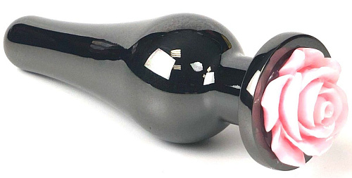 Чёрная удлиненная анальная пробка с розовой розой Vandersex 199-VTRPL (12,5 см)