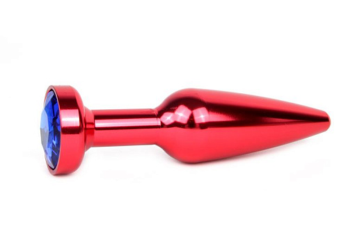 Удлиненная коническая гладкая красная анальная втулка с синим кристаллом Anal Jewelry Plug XRED-13 (11,3 см)