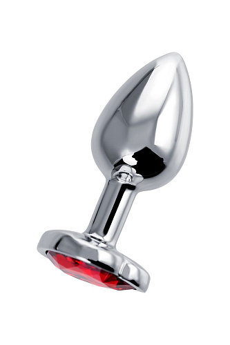 Серебристая гладкая коническая анальная пробка с красным кристаллом Штучки-дрючки 690126 (7 см)