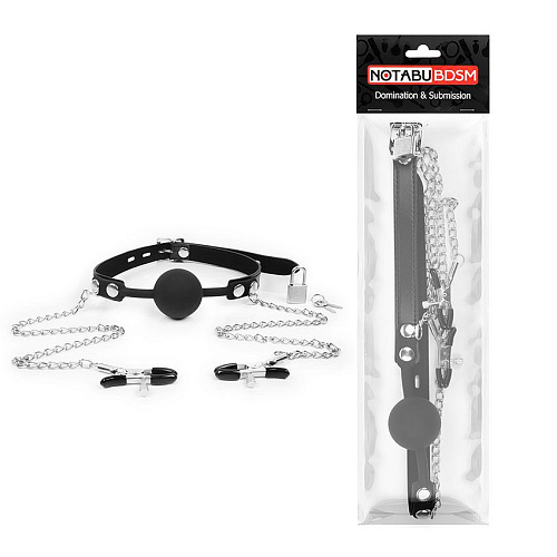 Чёрный кляп-шарик с зажимами на соски на металлической цепочке Bior toys NTB-80540