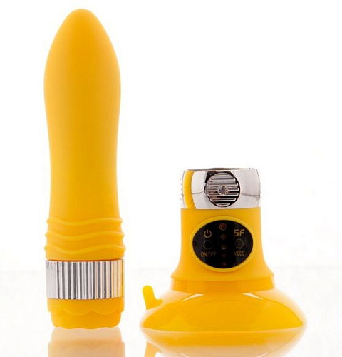 Жёлтый водонепроницаемый вибратор на присоске со сменной панелью управления Sexus Funny Five 931009-8 (19 см)